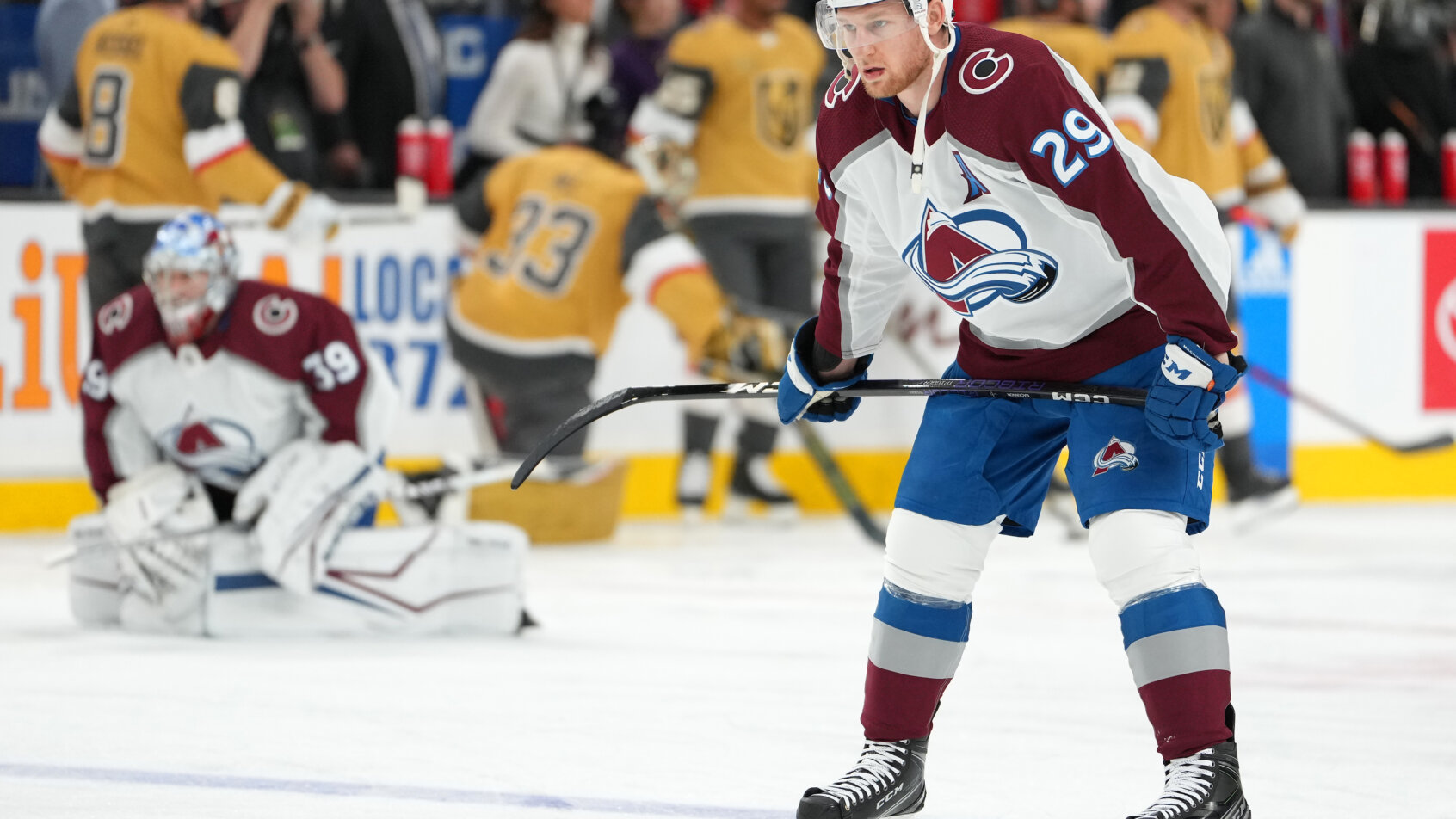 Colorado Avalanche center Nathan MacKinnon warms up