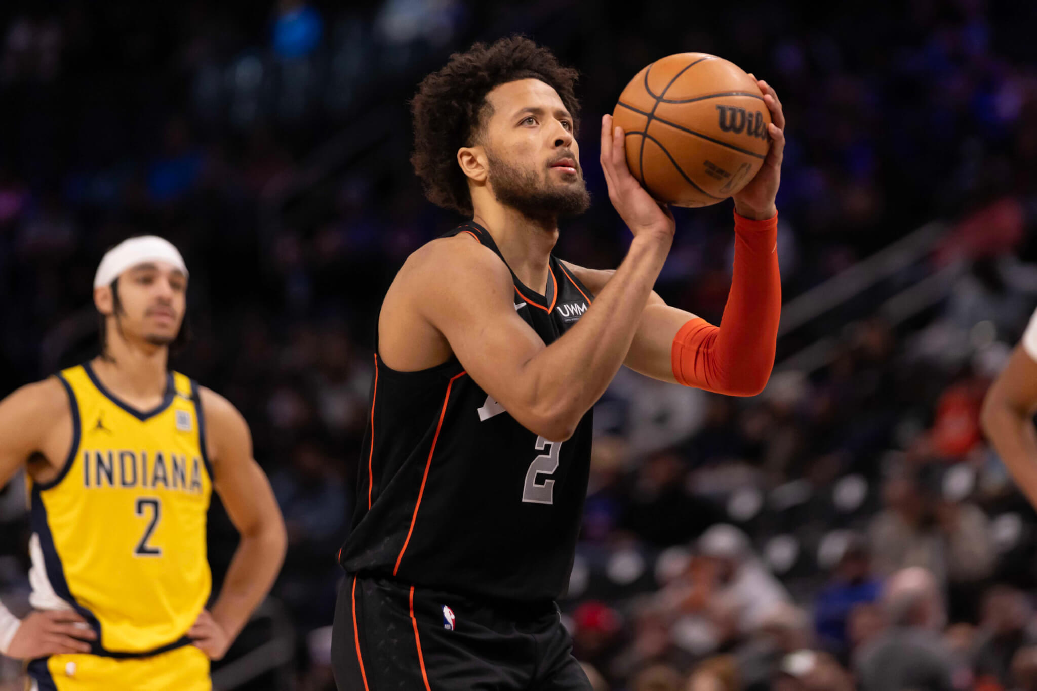 Detroit Pistons guard Cade Cunningham shoots a free throw against the Indiana Pacers
