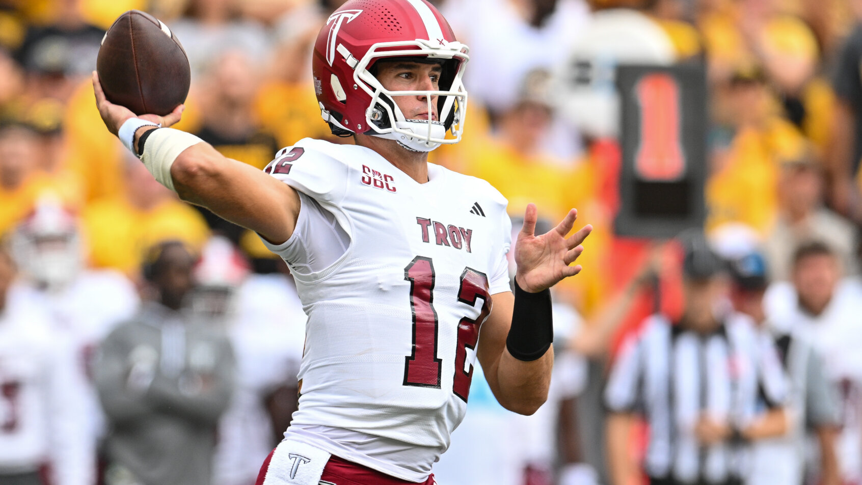 Troy Trojans quarterback Matthew Caldwel throws a pass