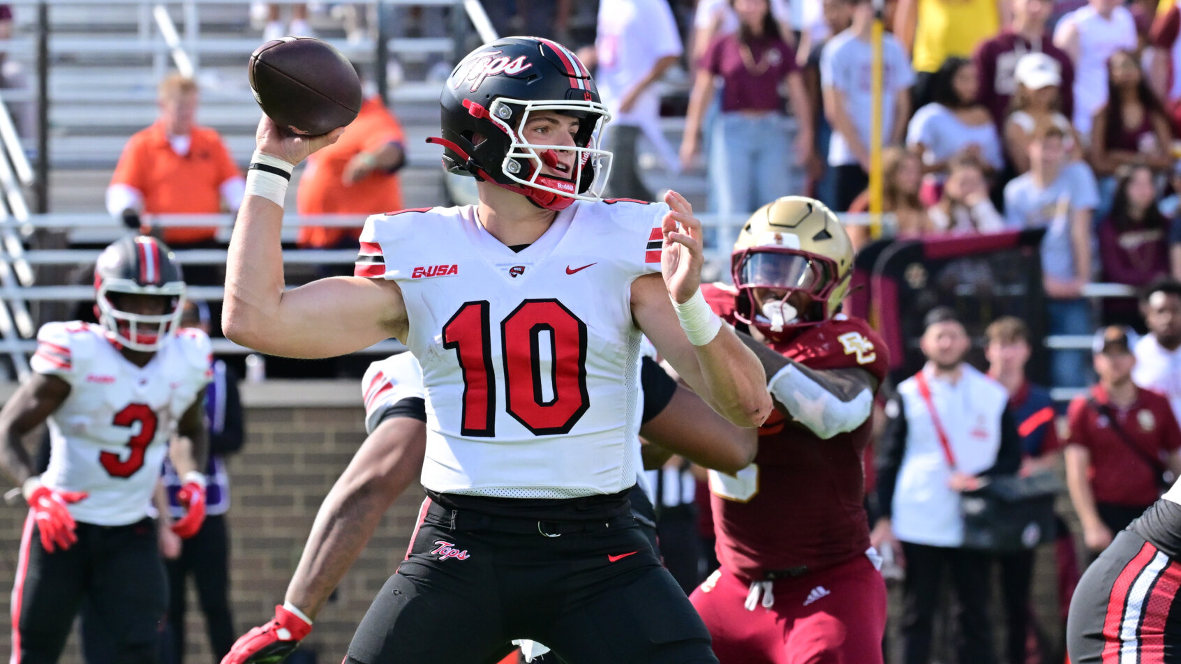 Western Kentucky Hilltoppers quarterback Caden Veltkamp throws a pass against the Boston College Eagles