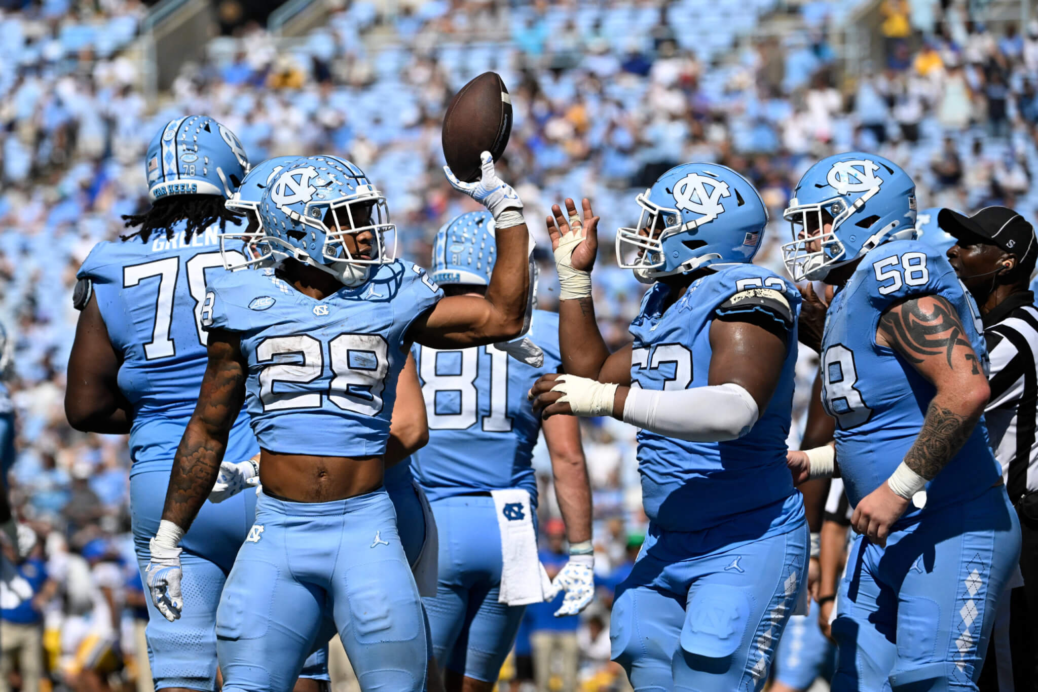 North Carolina Tar Heels running back Omarion Hampton with the ball