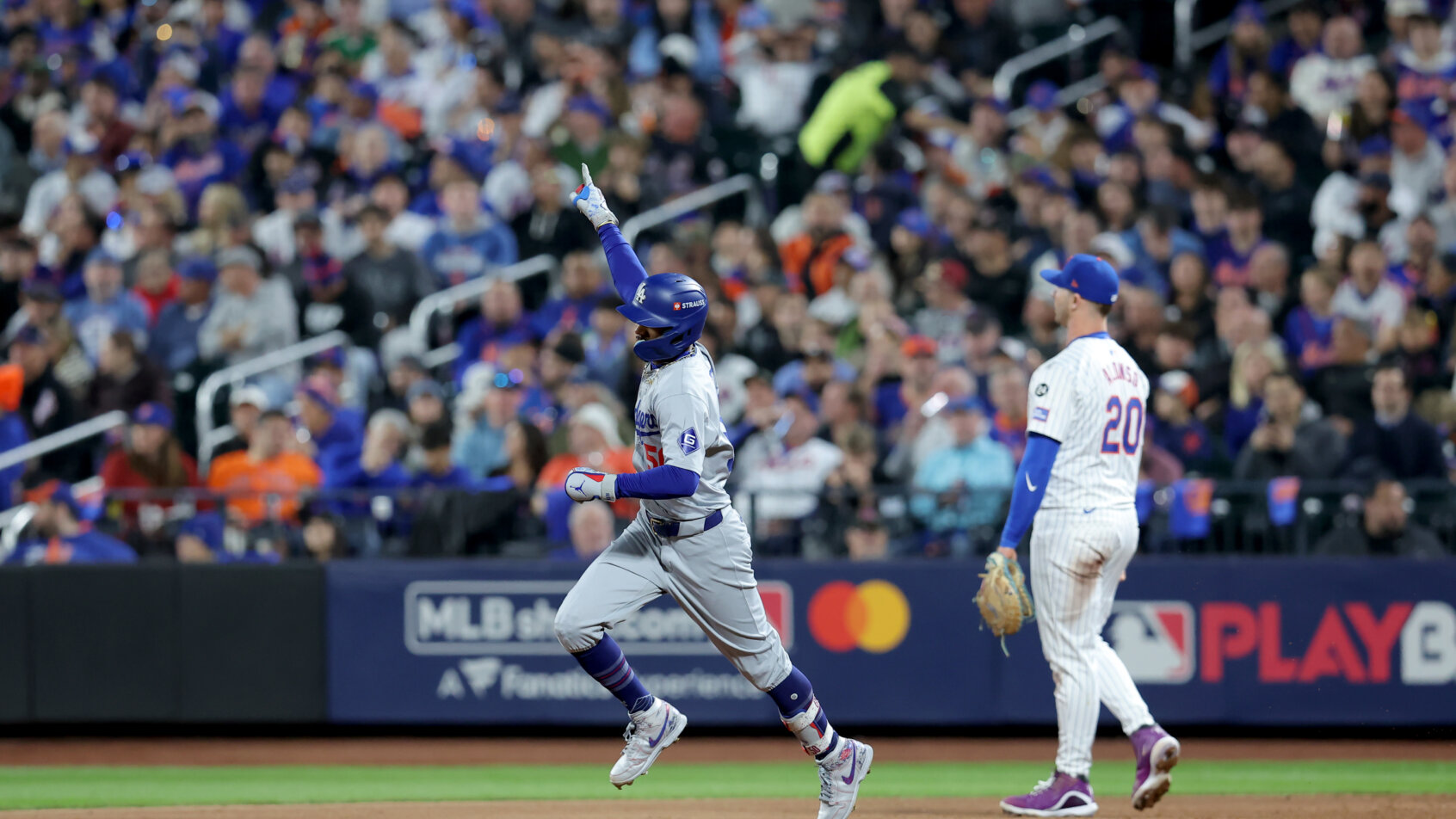 Los Angeles Dodgers right fielder Mookie Betts celebrates a home run