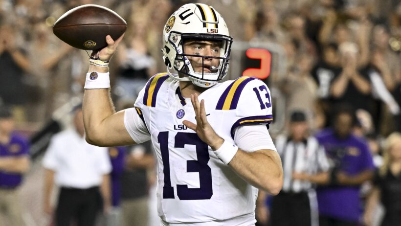 LSU Tigers quarterback Garrett Nussmeier looks to pass the ball in the fourth quarter