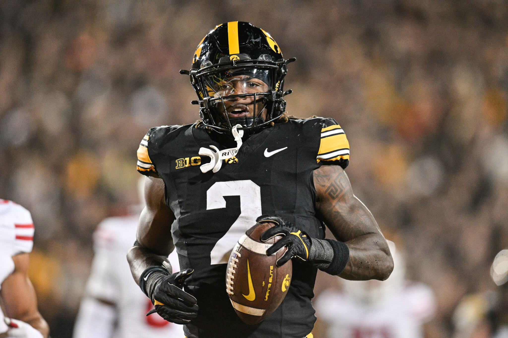 Iowa Hawkeyes running back Kaleb Johnson runs for a 16 yard touchdown