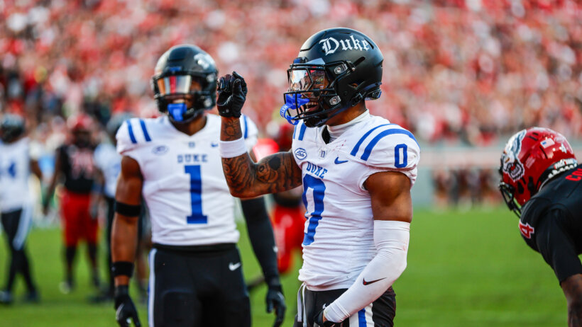Duke Blue Devils cornerback Chandler Rivers celebrates a blocked touchdown