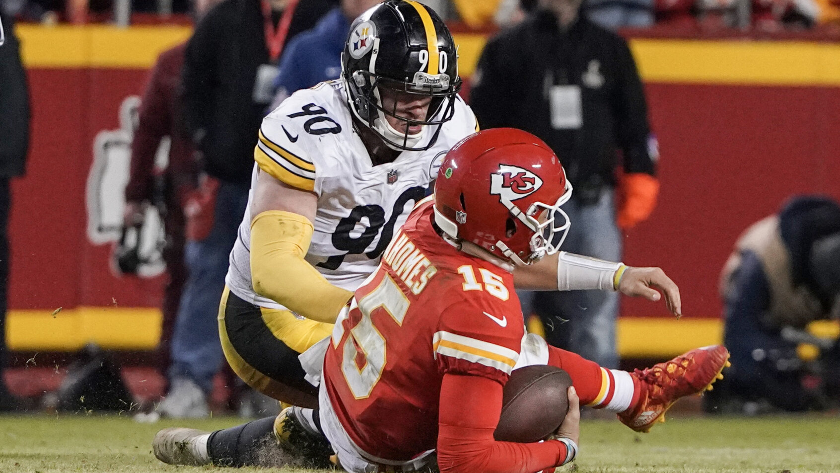 Kansas City Chiefs quarterback Patrick Mahomes getting sacked by City Chiefs quarterback Patrick Mahomes (15) is sacked by Pittsburgh Steelers linebacker TJ Watt