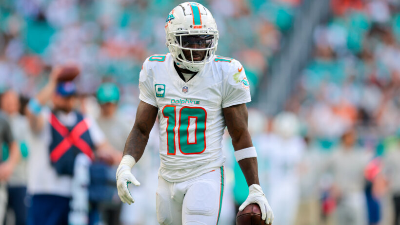 Miami Dolphins wide receiver Tyreek Hill looks on after making a catch