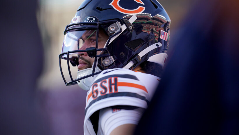 Chicago Bears quarterback Caleb Williams on the field