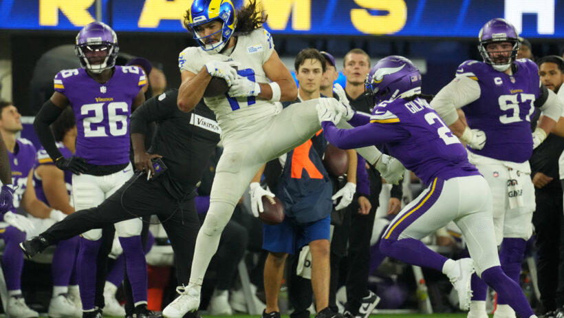 Los Angeles Rams wide receiver Puka Nacua makes a catch against the Minnesota Vikings