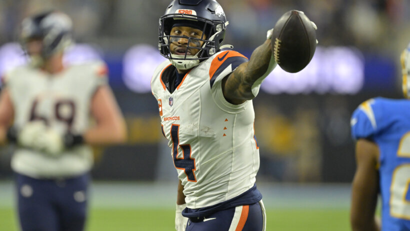 Denver Broncos wide receiver Courtland Sutton signals after a first down