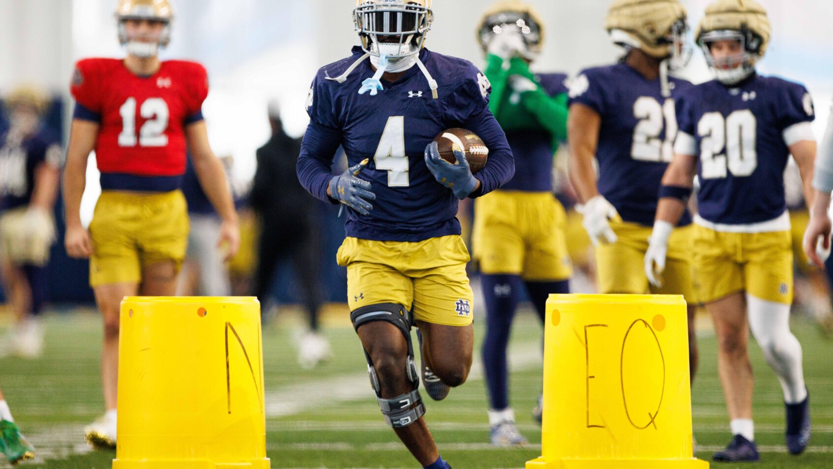 Notre Dame running back Jeremiyah Love participates in a drill