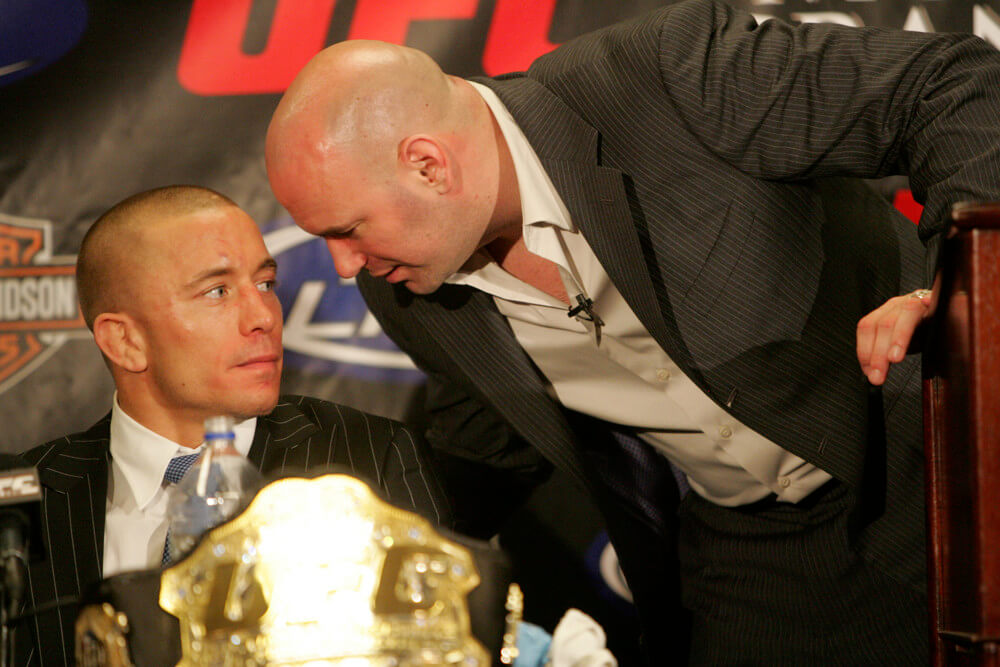 2009 Jan. 31 Georges St-Pierretalks to UFC president Dana White in the press conference after defeating BJ Penn in UFC 94: St-Pierre vs. Penn 2 at MGM Grand Garden Arena in Las Vegas, NV St-Pierre won by KO over Penn.
