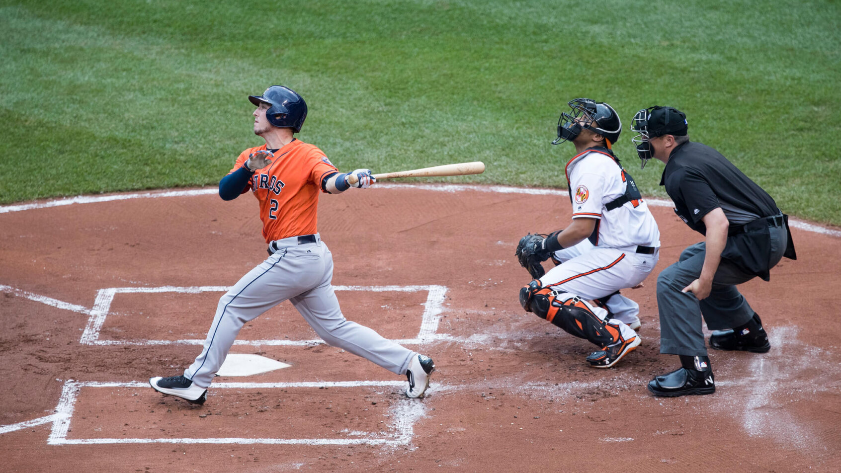 Alex Bregman takes a big cut against the Orioles.