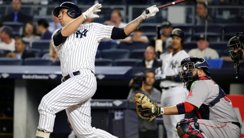 Yankees catcher Gary Sanchez hits a deep home run.