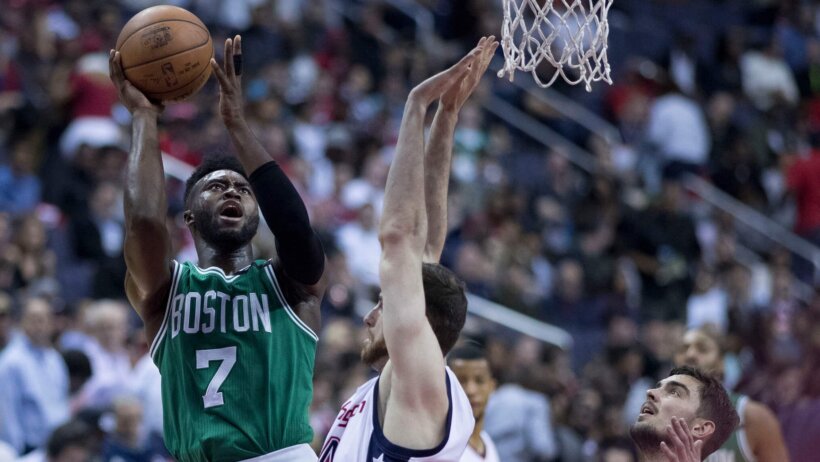 Jaylen Brown shoots over the Washington Wizards.