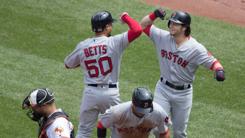 Mookie Betts and Andrew Benintendi celebrate at home.