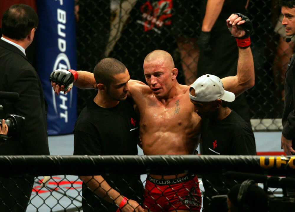 11 July 2009: Georges St-Pierre of Canada is visibly exhausted after his bout against Thiago Alves of Brazil in the UFC 100 event at the Mandalay Bay Events Center in Las Vegas, NV.