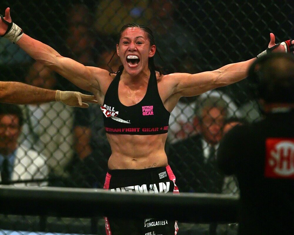 30 JAN 2010: Cris Cyborg of Curitiba, Brazil shows her excitement after defeating Marloes Coenen during Showtime Sport's Strikeforce Miami Fight Card at the BankAtlantic Center in Sunrise, FL.