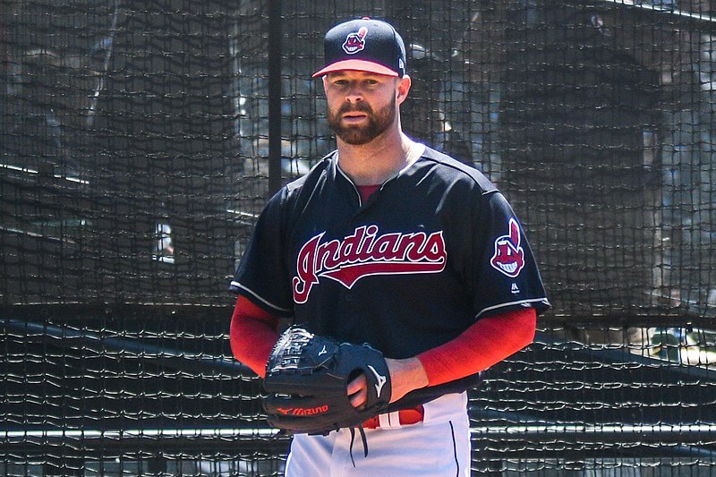 Corey Kluber warming up for the Cleveland Indians.