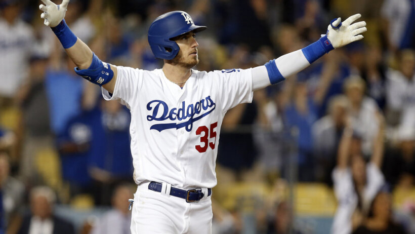 Los Angeles Dodgers right fielder Cody Bellinger reacts after hitting a walk off home run.