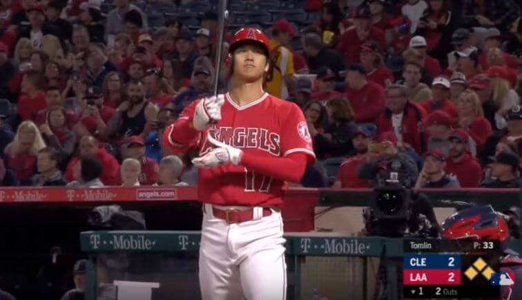 Shohei Ohtani at the plate against Cleveland.