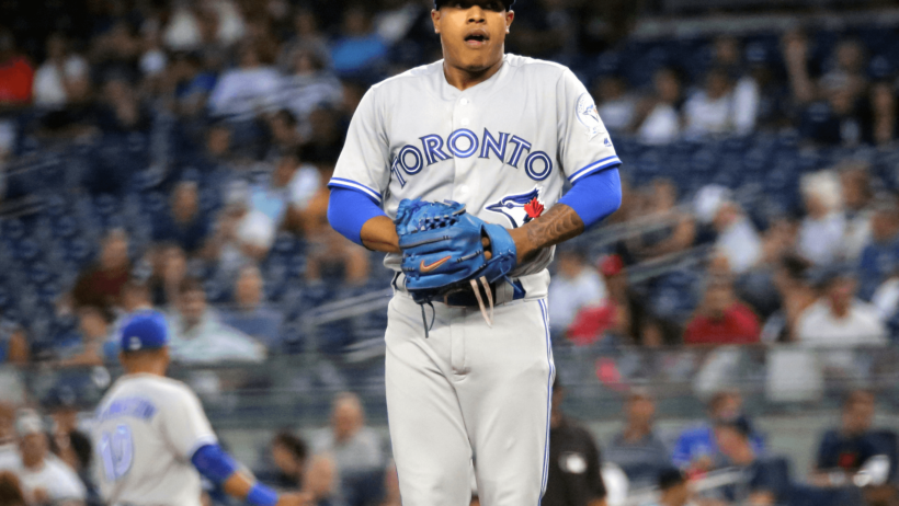 Blue Jays pitcher Marcus Stroman on the mound