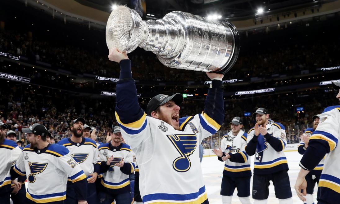 Alex Steen of the St. Louis Blues hoists the Stanley Cup.