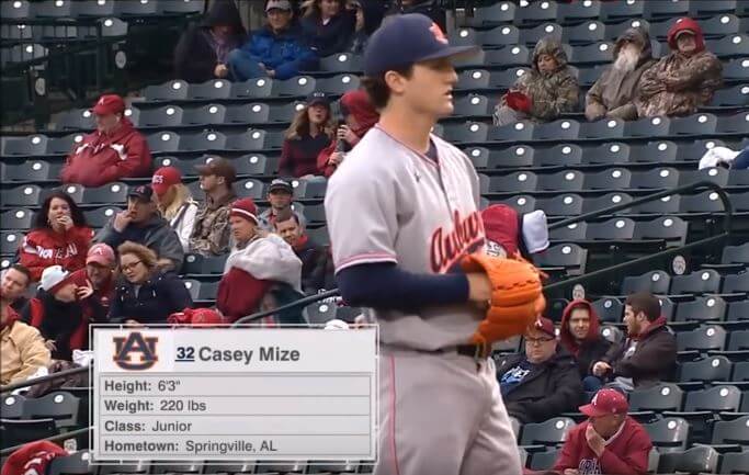 Auburn pitcher Casey Mize warming up on the mound.