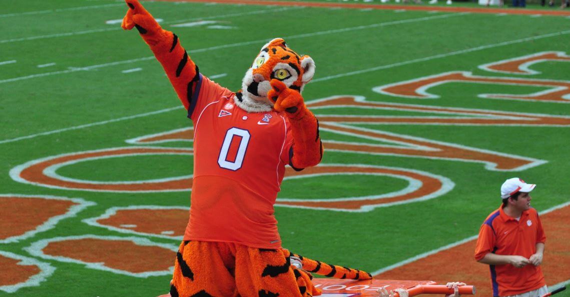 Clemson Tigers football mascot pointing.