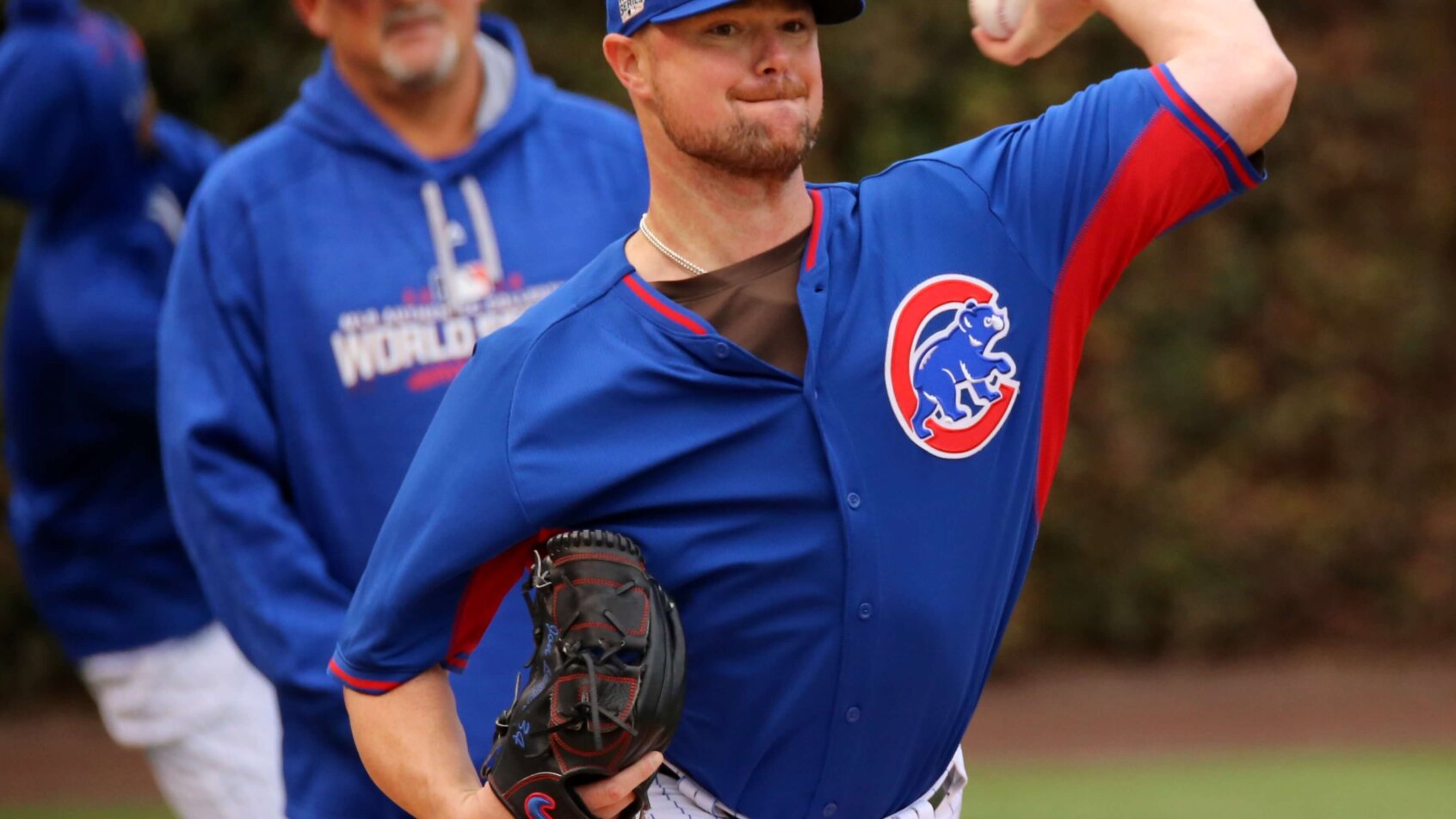Cubs lefty Jon Lester throws a bullpen session at Wrigley Field.