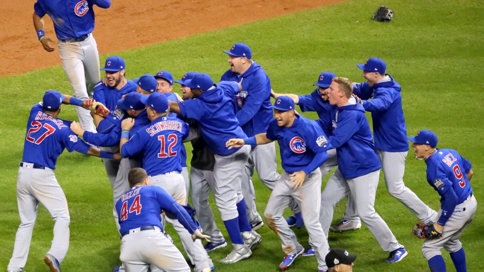 The Cubs celebrate after winning the 2016 World Series.