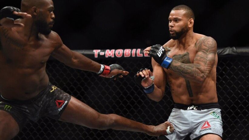 Jon Jones kicking Thiago Santos in their match at UFC 239