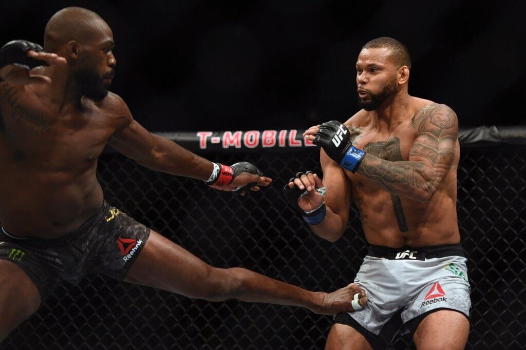 Jon Jones kicking Thiago Santos in their match at UFC 239