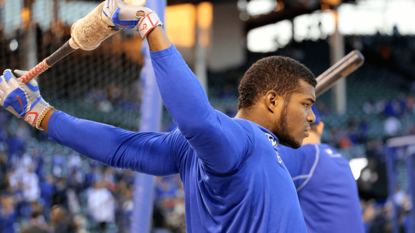 Dodgers RF Yasiel Puig stretching pre-game.