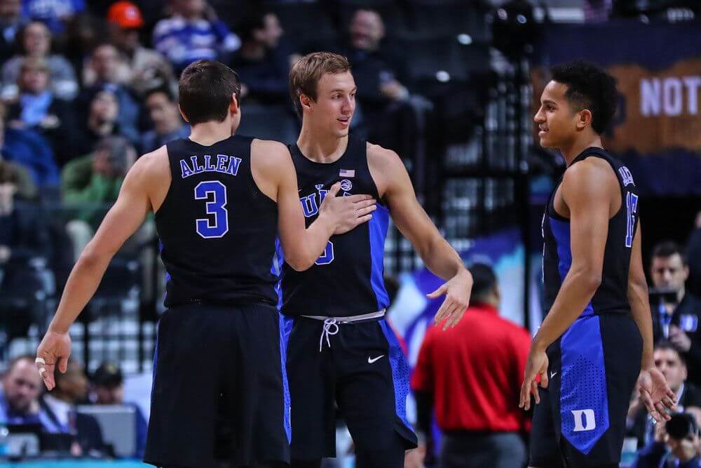 Duke's Grayson Allen congratulating teammate Luke Kennard