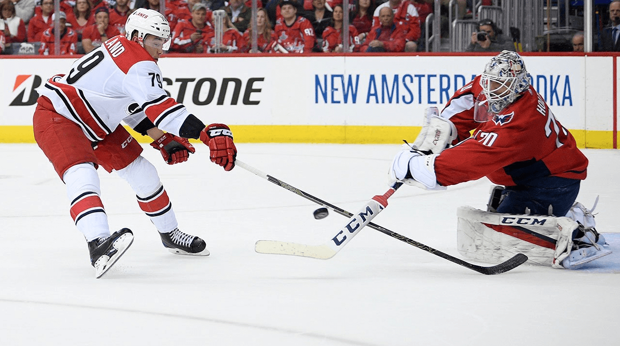 Michael Ferland is stopped at the net.