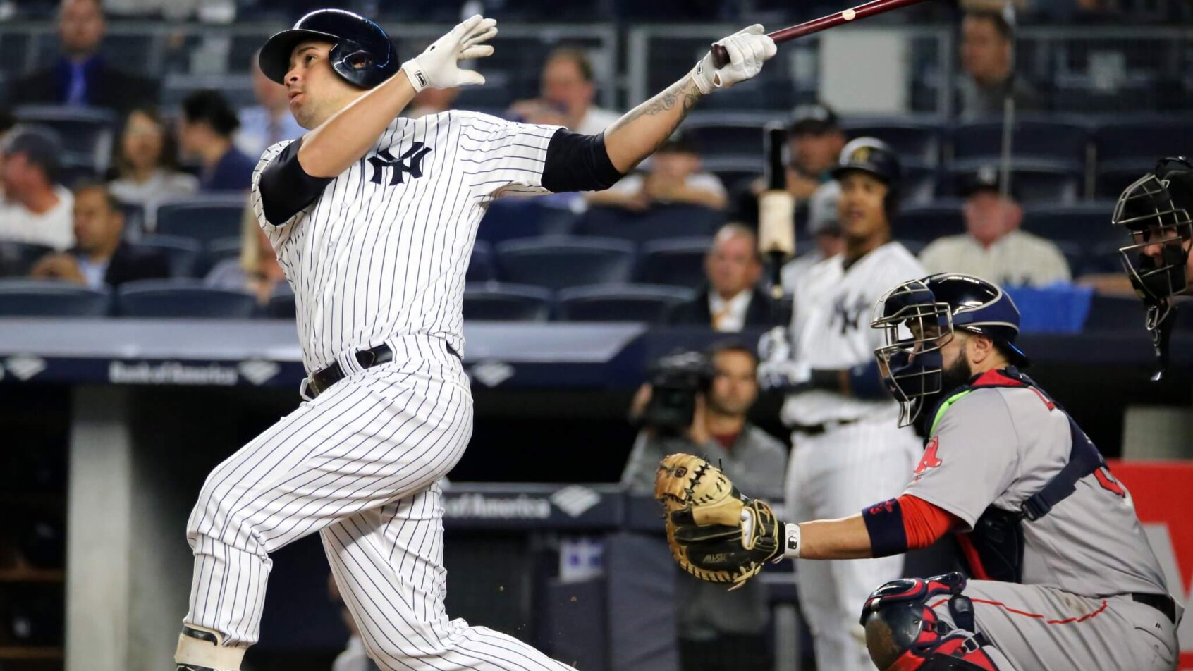 Yankees DH Gary Sanchez hits a two-run homer in the first inning.