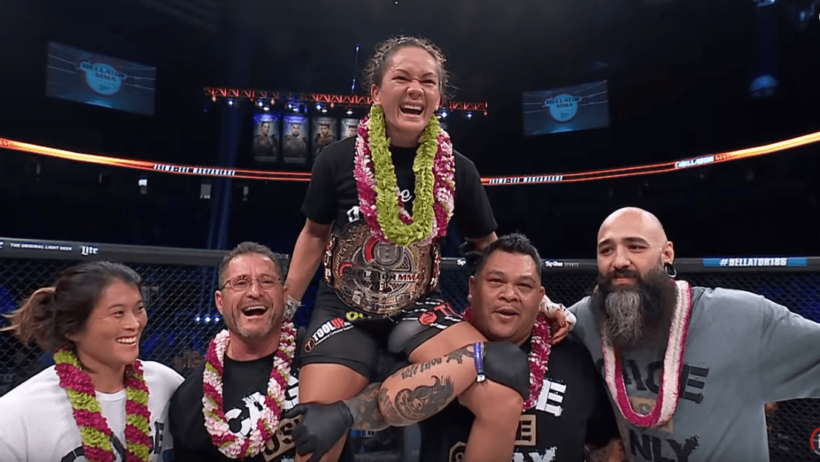 Ilima-Lei Macfarlane celebrates in the ring