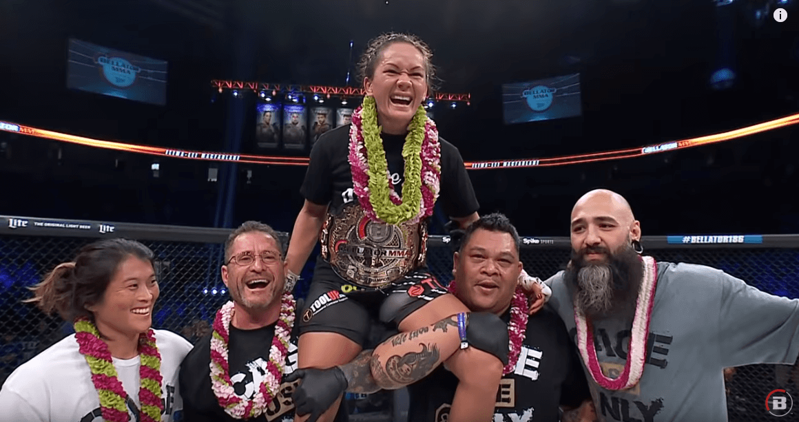 Ilima-Lei Macfarlane celebrates in the ring