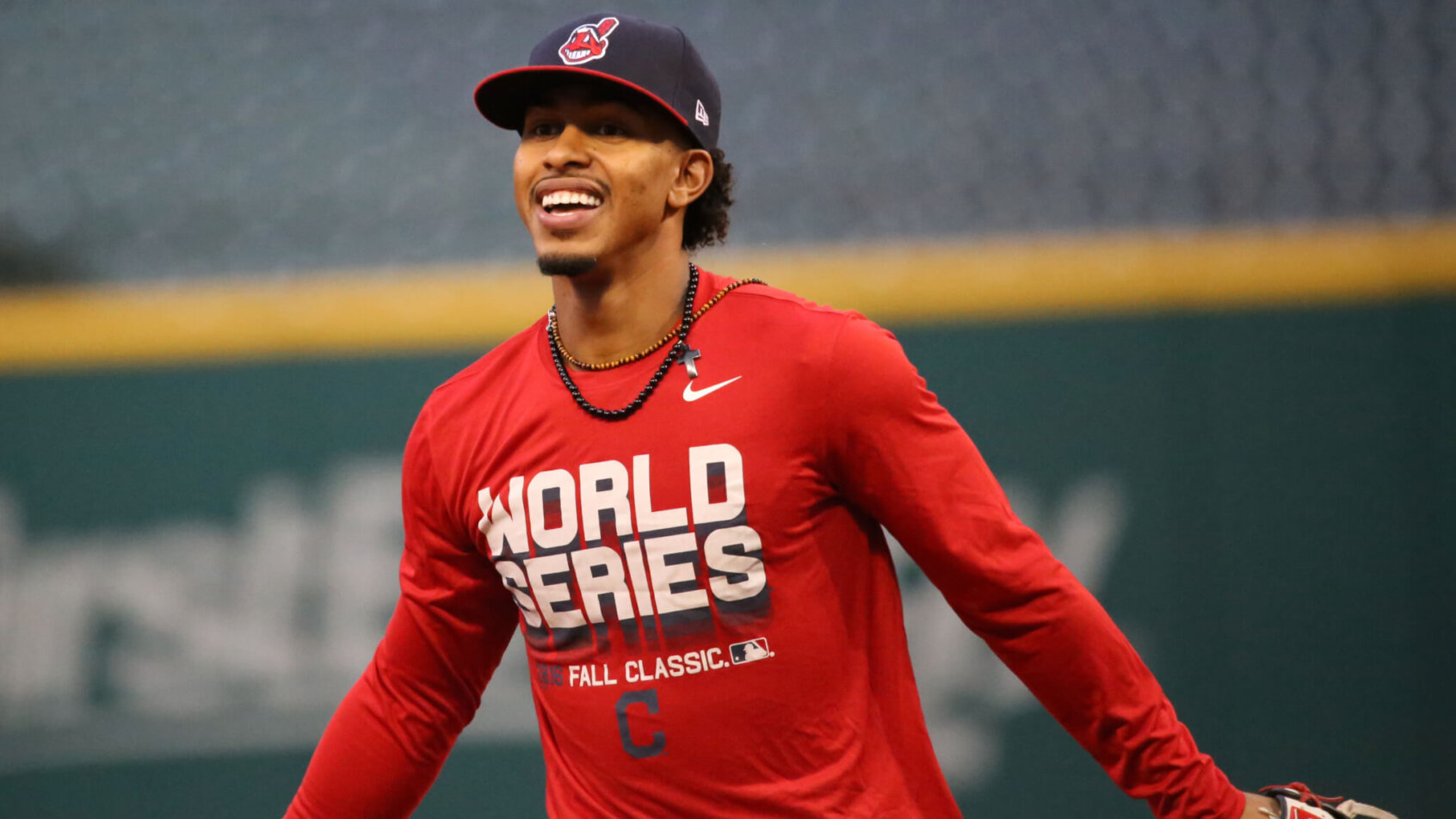 Indians SS Francisco Lindor warming up.