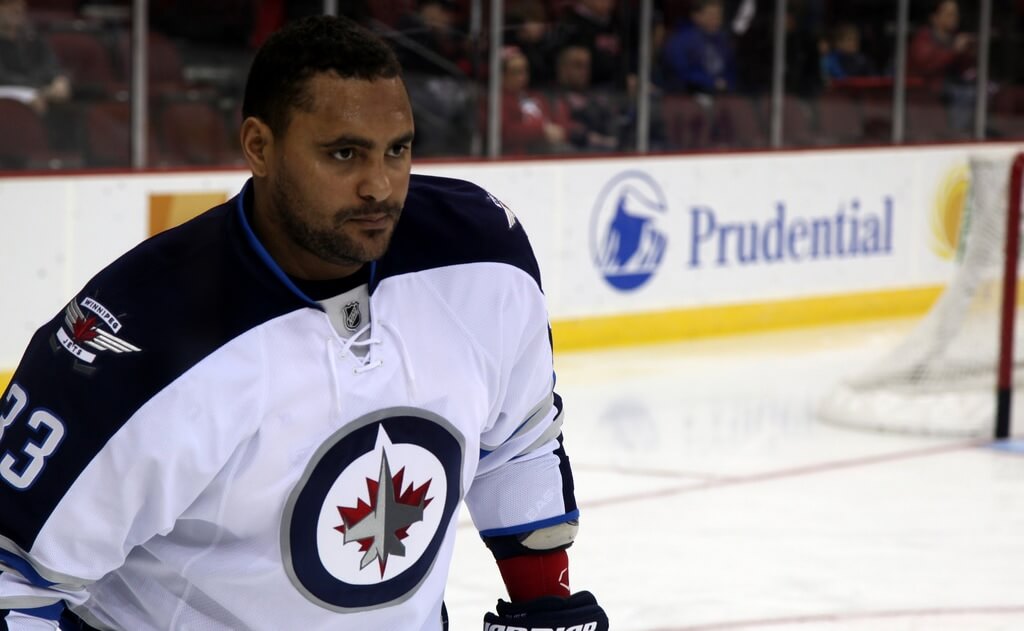 Winnipeg Jets defenseman Dustin Byfuglien during warmup.