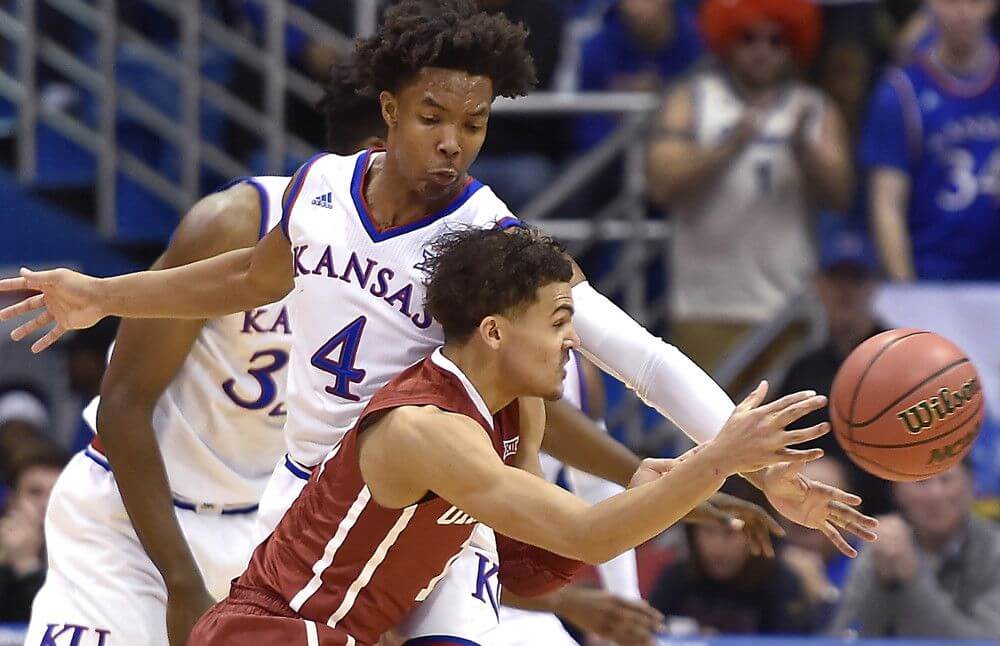 Kansas guard Devonte Graham guards Oklahoma's Trae Young