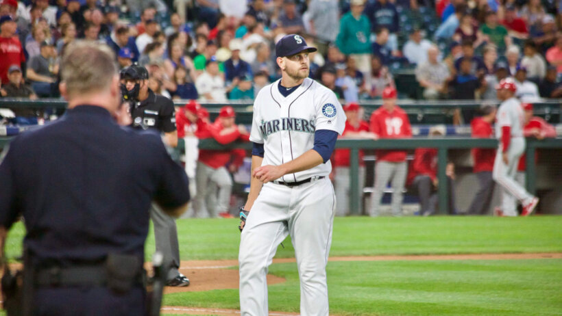 Seattle pitcher James Paxton walking off the mound.