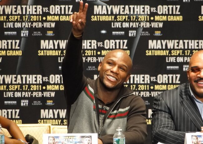 Floyd Mayweather doing a press conference hyping is fight with Victor Ortiz in 2011