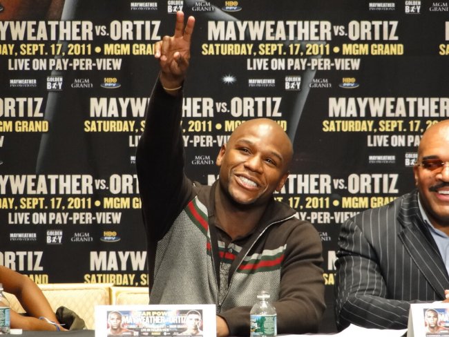 Floyd Mayweather doing a press conference hyping is fight with Victor Ortiz in 2011