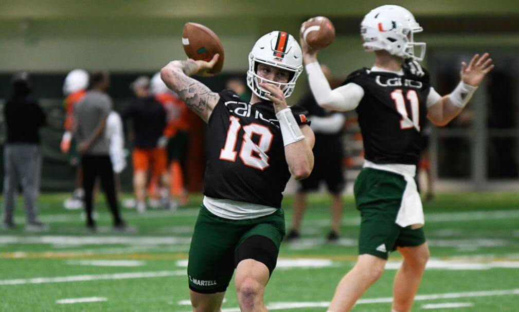 Miami Hurricanes QB Tate Martell throwing during practice.