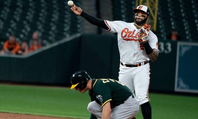 Jonathan Villar turning a double play for the Orioles.