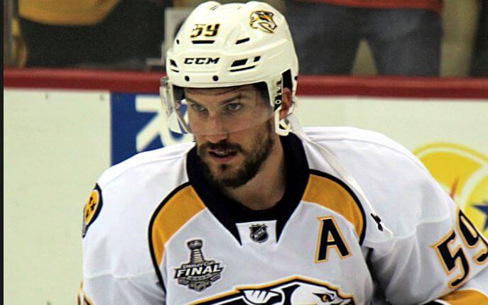 Nashville Predators defenseman Roman Josi skating during warmup.