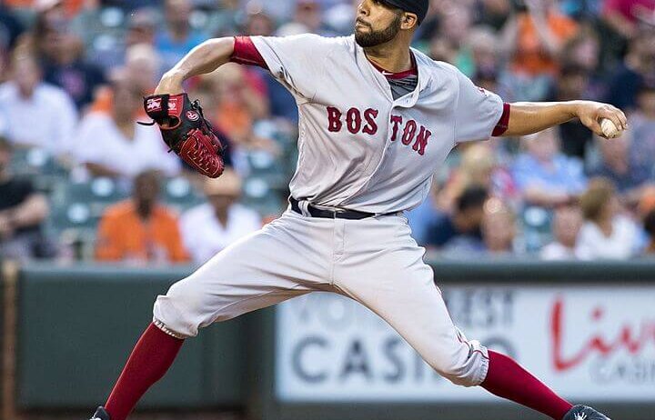 Red Sox pitcher David Price dealing from the mound.