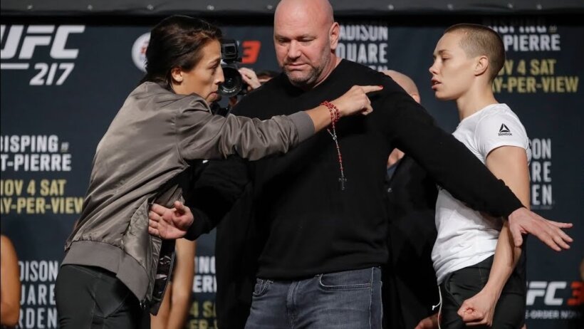 Joanna Jedrzejczyk and Rose Namajunas staredown before UFC 217
